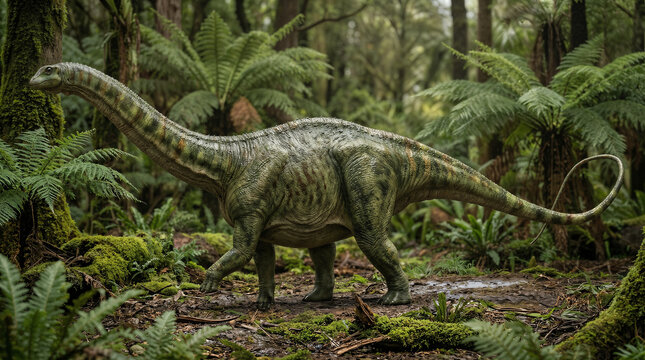 Apatosaurus (Apatosaurus ajax) dinosaur in fern forest, calm and serene mood, prehistoric giant