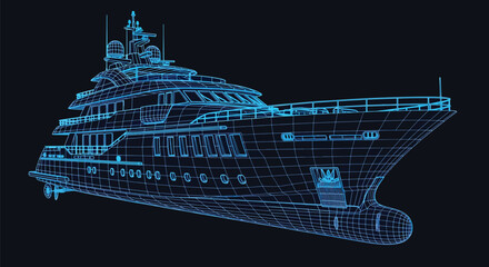 Luxury Yacht Wireframe 3D Blueprint Render — Neon Blue Digital Concept Of Modern Vessel Design © Sapumal