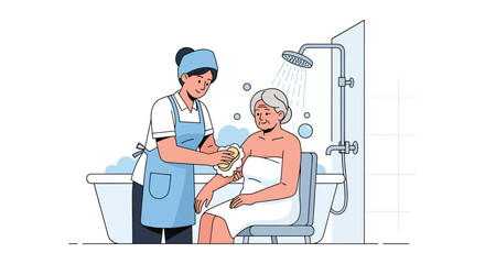 Caregiver Assisting Senior Woman With Bathing In Shower Chair &mdash; Elderly Care And Hygiene