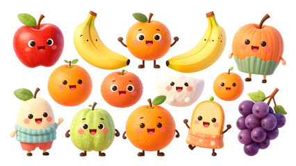 Fototapeta premium funny fruit character collection, 12 happy fruits with eyes and smiles, pastel cartoon style, white background