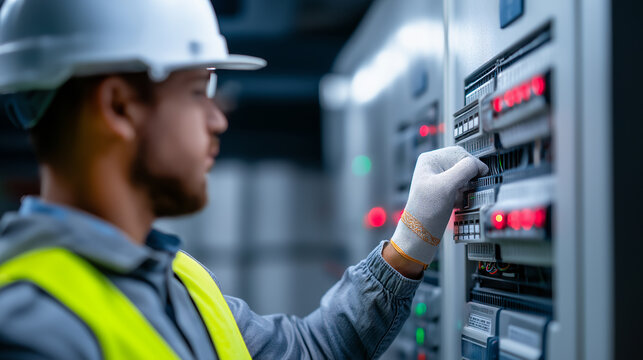 Technician operating industrial control panel in data center environment highlighting engineering, maintenance and technology management