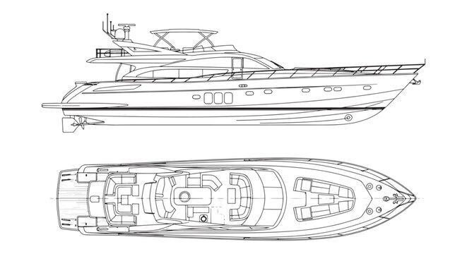 Motor Yacht Blueprint and Deck Layout Drawing Showing Side Profile and Top Plan View