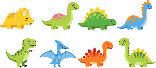 Cute, dinosaurs, cartoon, characters, dino, prehistoric, animals, kids, colorful, triceratops, stegosaurus, tyrannosaurus, pterodactyl, vector, illustration, playful, jurassic, collection, design, set © Mst
