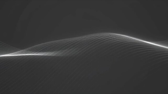 Wide shot of smooth white wireframe waves undulating rhythmically against a solid dark grey background under studio lighting
