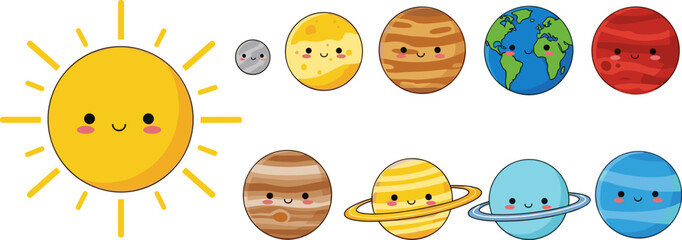 solar system, cute planets, sun, space, cartoon, kawaii, astronomy, universe, kids, education, vector, illustration, planets, characters, science, galaxy, learning, colorful, collection, design © Mst