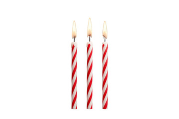 Obraz premium Three red and white swirl pattern lit birthday candles bringing light and warmth to a festive celebration, with transparent background