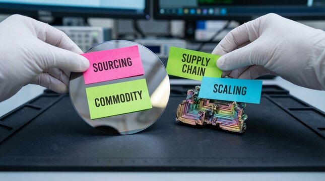 Gloved hands organize key semiconductor supply chain concepts like sourcing, commodity, and scaling, illustrated with sticky notes over a silicon wafer and bismuth crystal in a high-tech lab setting