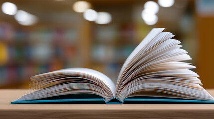 Obraz premium Open book on wooden table in library with blurred shelves background representing knowledge and education