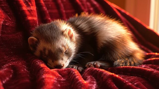 A peaceful, cinematic portrait of a sleeping sable ferret curled into a tight, soft ball on red fabric