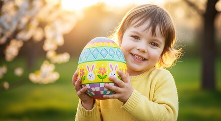 Fototapeta premium Happy smiling toddler in yellow sweater holding large colorful Easter egg with bunny design outdoors in sunny garden with blossoming trees. 