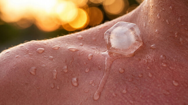 Human skin sweating profusely ice cube melting extreme summer heat