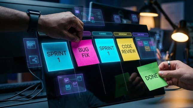 Agile project management with digital board and sticky notes in a modern office setting, highlighting teamwork and progress tracking