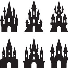 Fototapeta premium Eight black silhouette fantasy castles with varied medieval architecture