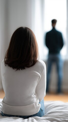 Fototapeta premium Woman seen from behind facing a distant man in a tense domestic scene suggesting relationship conflict and betrayal.