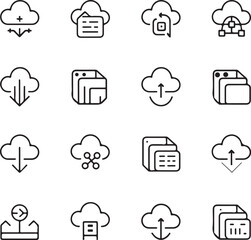 Fototapeta premium Cloud Icons Set Minimal Line Upload Download Sync File Folder Data Storage And Network Symbols.