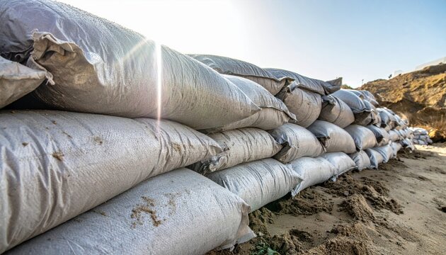 Meticulously filled and stacked sandbags forming a sturdy defensive barrier against natural hazards outdoors, highlighted by bright sunlight.