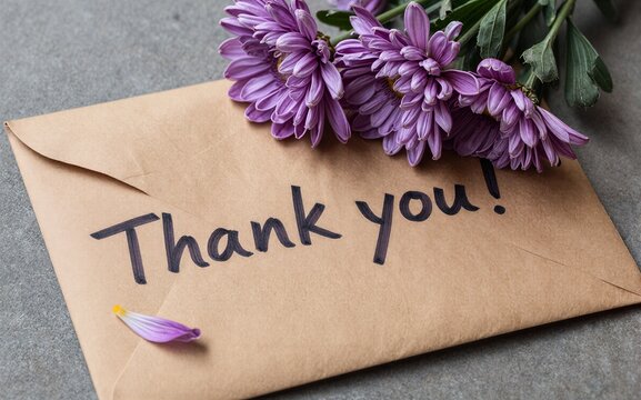 Purple flowers rest on a "Thank you!" envelope symbolizing gratitude
