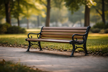 Serene Bench in Park: A tranquil park bench rests invitingly on a paved pathway, promising moments of peace amidst a lush green lawn and serene surroundings. 