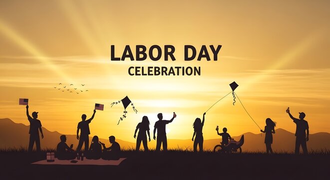 Labor Day Celebration Silhouette Family Flying Kites Sunset Outdoor Fun