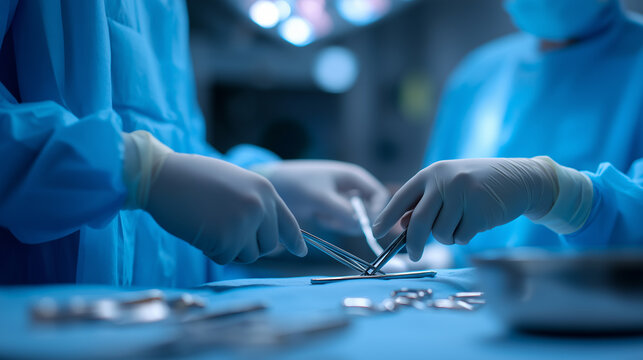 Surgeons performing a precise operation with surgical instruments in a sterile operating room.