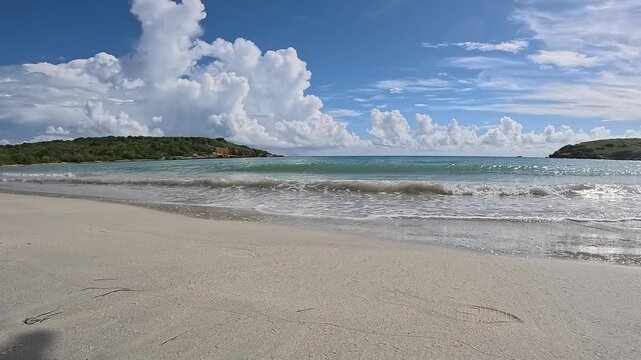 Tropical Beach Waves in Vieques Puerto Rico with Turquoise Water and Blue Sky
