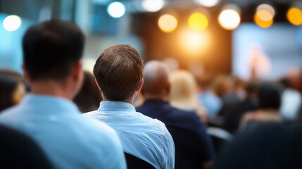 Fototapeta premium Audience attending a conference or seminar with focus on a speaker in a blurred modern event setting.