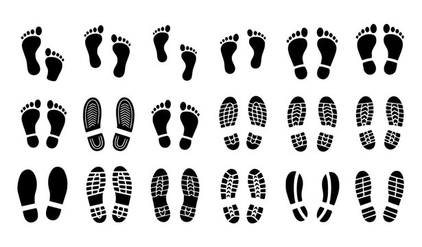 Human footprints and shoe sole prints vector set with kids feet walking trail and footwear tread icons