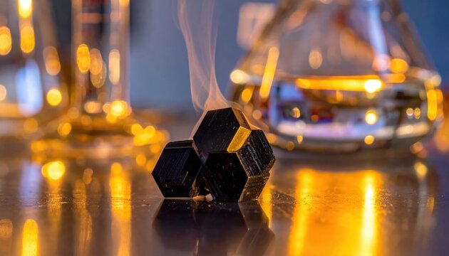 Dark purple-black iodine crystals displaying a metallic luster and distinct hexagonal shape, actively sublimating with faint vapor in a dynamic laboratory environment.