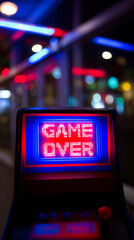 Obraz premium Arcade machine screen displaying game over message with neon lights in retro gaming environment.