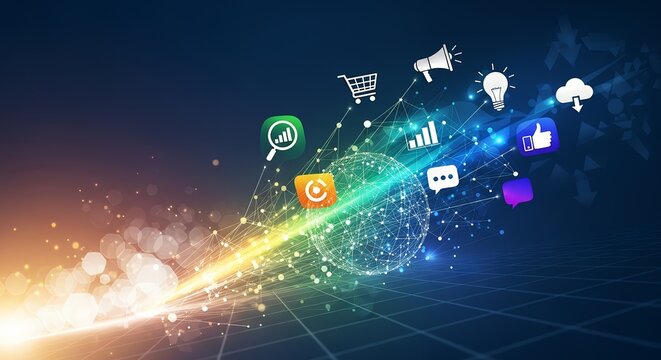 A dynamic digital illustration featuring glowing icons representing various aspects of digital marketing and technology