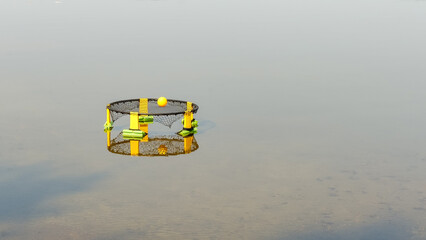 Floating fishing net with bright yellow floats and a ball on calm water surface, reflecting surrounding environment in a serene setting © JuliaDorian