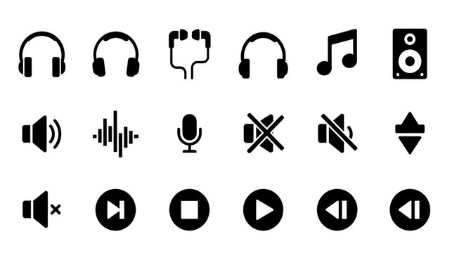 Set of black contemporary audio and music interface icon collection