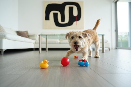 Playful Terrier Mix Dog with Toys in Modern Living Room