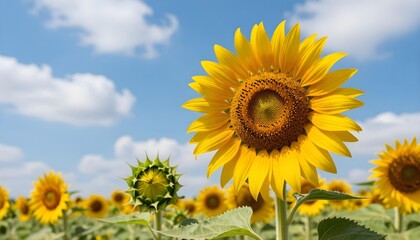 Fototapeta premium Vibrant sunflower field under a bright blue sky with fluffy white clouds