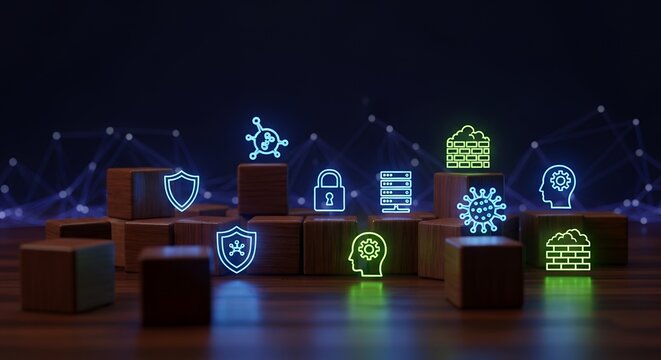 Various cybersecurity and digital protection icons displayed on wooden blocks against a dark background