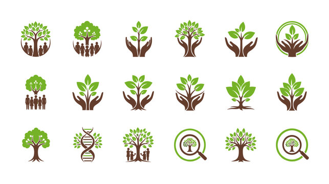 Set of Nature-Inspired Logos Featuring Trees Leaves Hands and DNA Elements for Ecology