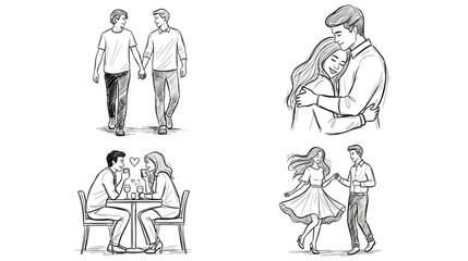 Obraz premium Set of black illustrations depicting various stages and moments of a couple's love