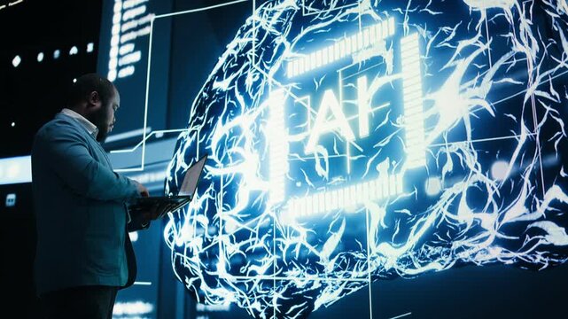 Programmer enforces artificial intelligence neural network agent guardrails, AI governance concept. African american man limiting AI autonomy, providing human oversight to algorithmic system, camera A