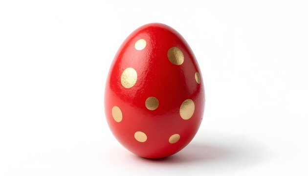 A single red Easter egg with gold polka dots on a white background