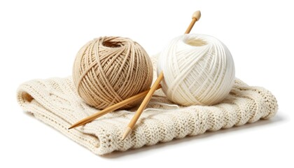 Naklejka premium Two balls of yarn and knitting needles resting on a cream-colored knitted fabric