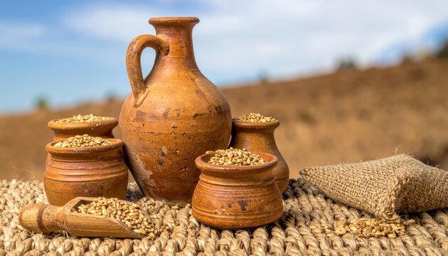 Weathered terracotta amphorae and pots of varied sizes, meticulously filled with golden grain, are arranged on a coarse woven mat against a rustic outdoor agricultural background.