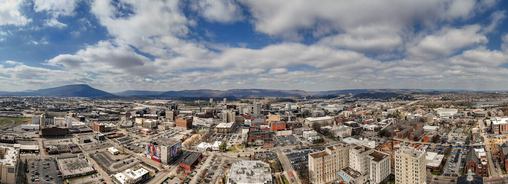 Aerial Panorama of Downtown Chattanooga Under Dramatic Cloudy Sky