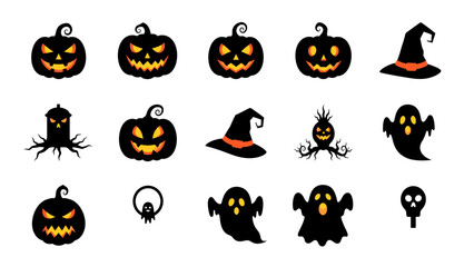 Fototapeta premium Collection of Spooky Halloween Black Silhouettes with Bright Orange Accents
