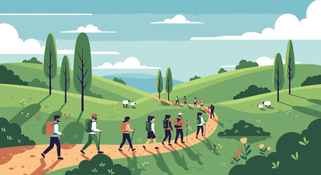 A group of people walking on a winding dirt path through a serene green landscape with trees, hills, and a cloudy sky.