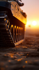 Naklejka premium Military tank moving on dusty terrain at sunset representing power, defense and armed forces.