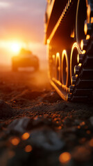 Naklejka premium Military tank moving on dusty terrain at sunset representing power, defense and armed forces.