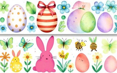 Fototapeta premium Easter eggs bunny butterflies bees in a colorful spring scene.