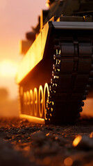 Naklejka premium Military tank moving on dusty terrain at sunset representing power, defense and armed forces.