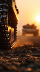 Naklejka premium Military tank moving on dusty terrain at sunset representing power, defense and armed forces.