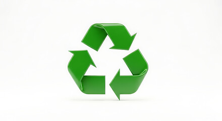 Obraz premium Green recycling symbol in 3D, representing sustainability and environmental protection, isolated against a plain white background